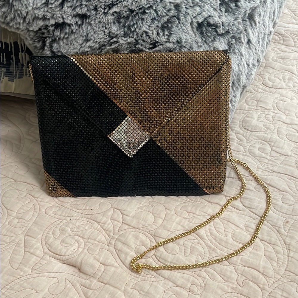 WHITING and DAVIS Vintage Mesh Purse Black Silver Gold / Gold Chain Strap